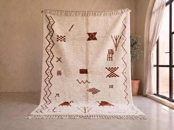 Tribal Diamond Berber Area Rug - Handmade Moroccan Wool Rug - Ivory and Terracotta Beni Ourain Rug for Living Room | Afrikesh