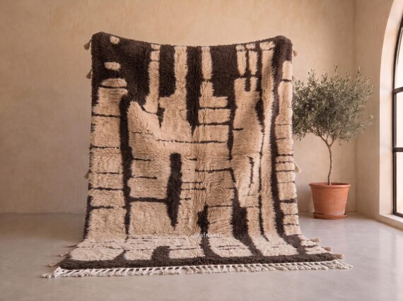 Plush Handmade Berber Area Rug - Chocolate Brown and Sahara Sand Beni Ourain Rug - Abstract Color Block Moroccan Rug for Living Room