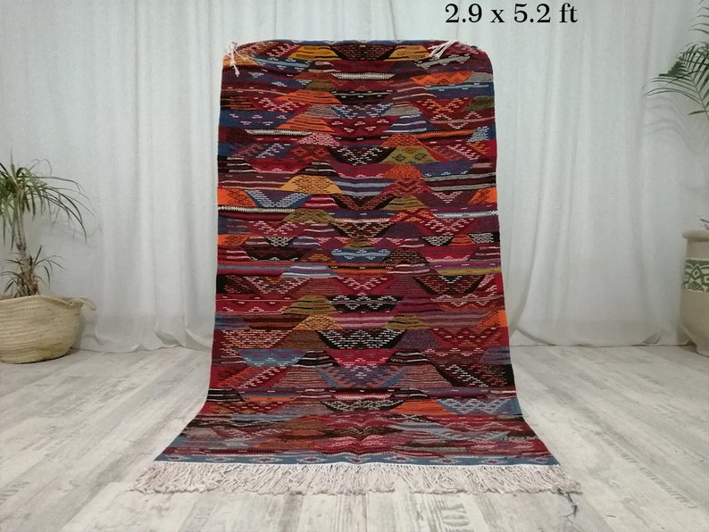 Pu&ograve; includere: Un tappeto rettangolare tessuto a mano con un motivo geometrico. Il tappeto misura circa 88 x 158 cm e presenta un vivace mix di colori, tra cui rosso, arancione, blu e marrone. Ha un bordo con frange e una superficie strutturata.