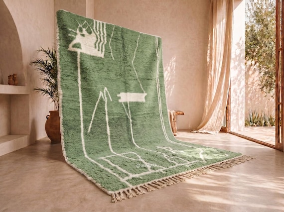 Sage Green Beni Ourain Rug - Handmade Moroccan Wool Rug - Figurative Berber Area Rug for Living Room | Afrikesh
