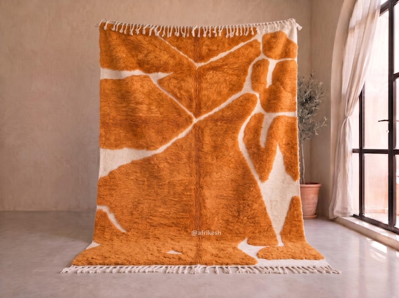 Burnt Orange and Ivory Tufted Beni Ourain Rug - Handmade Moroccan Wool Rug - Plush Abstract Berber Area Rug for Living Room | Afrikesh