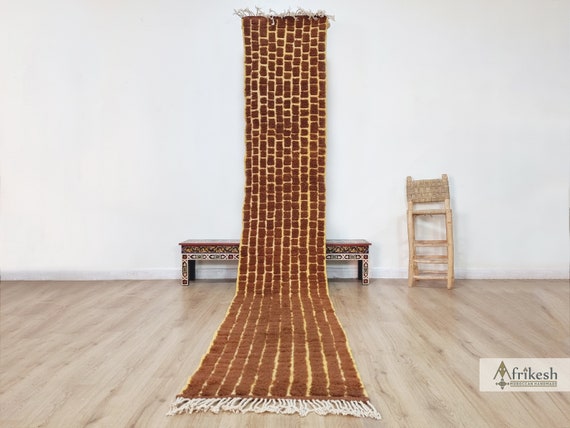 LONG CHECKER RUNNER, Handmade Hallway Rug, Moroccan Wool Rug, Custom Woven Boho Rug, Beni Ourain Brown & Yellow Rug, Shag Berber Rug.