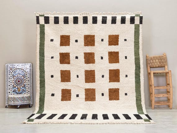 MOROCCAN WOOL CARPET, Custom Beni Ourain Rug, Brown & White Geometric Design, Contemporary Berber Area Rug, Handcrafted Comfort with Style