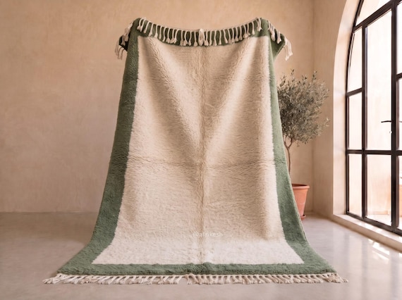 Handcrafted Forest Green Border Rug - Moroccan Beni Ourain Wool Rug - Ivory Minimalist Berber Area Rug for Living Room | Afrikesh