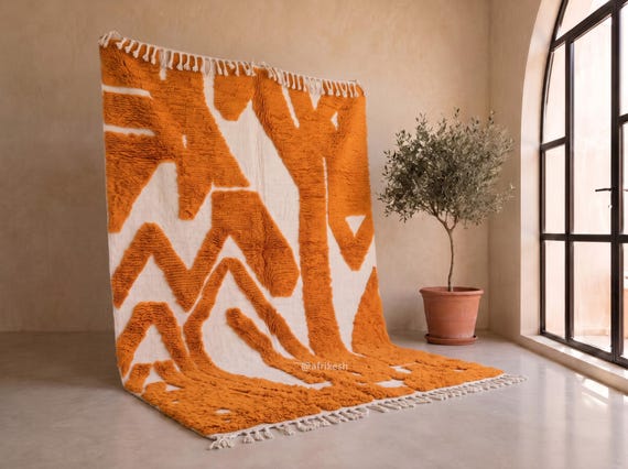 Orange and Ivory Beni Ourain Rug - Handmade Moroccan Wool Rug - Tufted High Pile Berber Area Rug for Living Room | Afrikesh