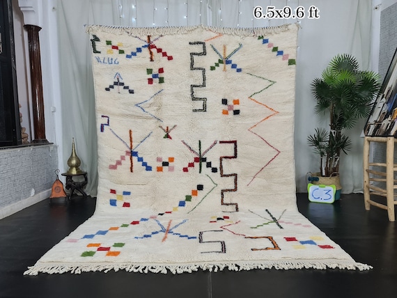 ARTISTIC MRIRT RUG 6x9, Hand-Knotted Area Rug, White Moroccan Rug, High Quality Wool Rug, Plush Berber Symbols Rug, Colorful Shag Rug.