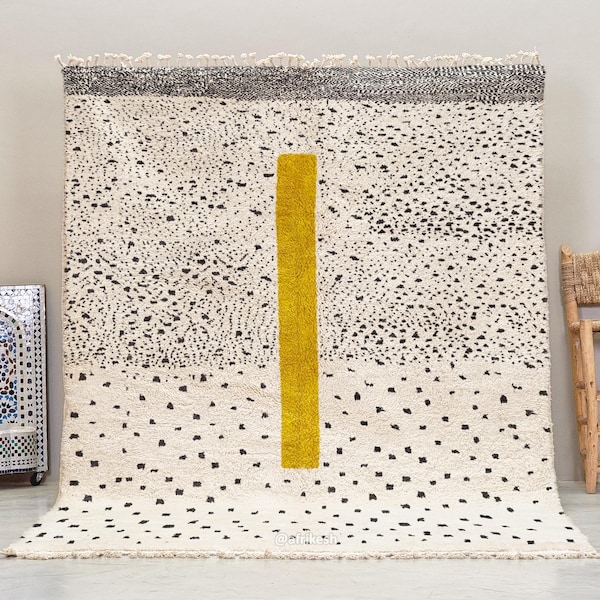 Handmade Wool Berber Rug: White & Mustard Dotted Moroccan Carpet
