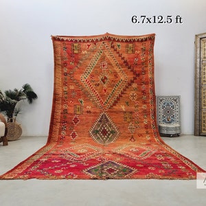 TIMELESS Beni M'Guild MOROCCAN RUG, Long Woven Geometric Rug, Faded Orange & Red Rug, Boho Sheep Wool Rug, Handmade Berber Area Rug 6x12.