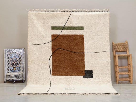 CUSTOM MADE RUG, Handcrafted Moroccan Wool Rug, Abstract Berber Carpet, Soft Beni Ourain Shag Rug, White & Brown Interior Design Rug.
