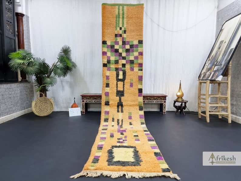 PRETTY BOUJAAD RUG, Moroccan Runner 2x11, Checkered Rug, Berber Rug, Large Orange and Purple Runner, Wool Rug, Handwoven Rug - Afrikesh Rug - One Side Fringes.
Pile Height: 1.5 cm-0.59 inches.