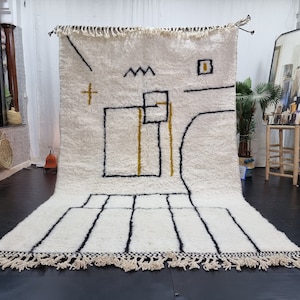 BENIOURAIN Teppich, Marokkanischer Wollteppich, Handgemachter Wollteppich, weißer und schwarzer Teppich, Wollteppich, Boho Wollteppich