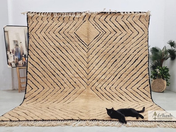 NEUTRAL MOROCCAN RUG, Tufted Beni Ourain Rug, Handmade Wool Carpet, Custom Made Area Rug, Beige & Black Berber Rug, Minimalist Interiors