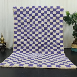 CHECKERED RUG, Tribal Area Handmade Rug, Checker Blue Rug, Eggplant and White Rug, Custom Moroccan Rug, Winter Living Room Decor, Wool Rug
