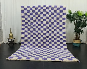 CHECKERED RUG, Tribal Area Handmade Rug, Checker Blue Rug, Eggplant and White Rug, Custom Moroccan Rug, Winter Living Room Decor, Wool Rug