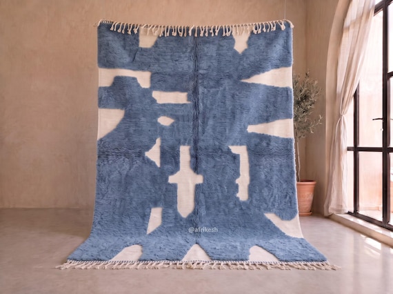Smoke Blue Tufted Beni Ourain Rug - Handmade Moroccan Wool Rug - Abstract Plush High Pile Berber Area Rug for Living Room | Afrikesh