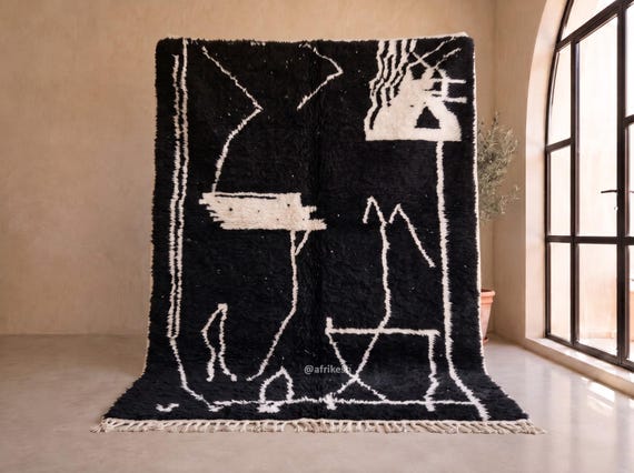 Black and White Beni Ourain Rug with Bold Abstract Line Pattern - Handmade Moroccan Wool Berber Rug for Living Room | Afrikesh