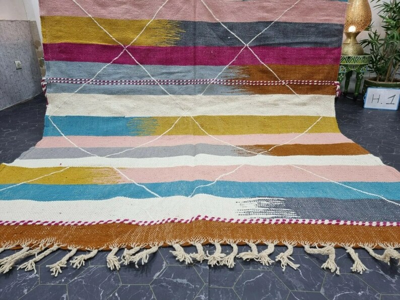 TAPPETO KILIM UNICO, tappeto a tessitura piatta, tappeto tessuto Kilim, tappeto colorato, tappeto geometrico personalizzato, tappeto ad area, tappeto marocchino, tappeto in lana intrecciata a mano, tappeto Funky immagine 3