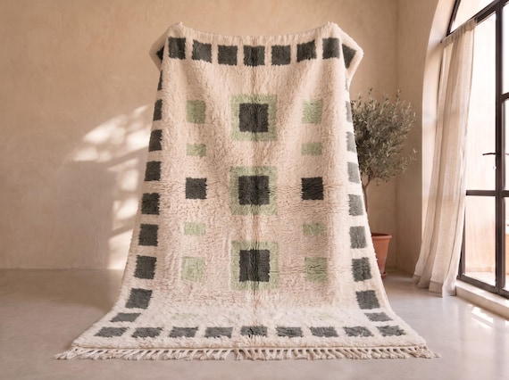 Forest Green Checkered Border Beni Ourain Rug - Handmade Moroccan Wool Rug - Sage Nested Square Berber Area Rug for Bedroom | Afrikesh