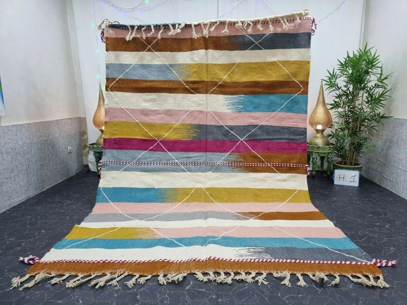 TAPPETO KILIM UNICO, tappeto a tessitura piatta, tappeto tessuto Kilim, tappeto colorato, tappeto geometrico personalizzato, tappeto ad area, tappeto marocchino, tappeto in lana intrecciata a mano, tappeto Funky immagine 1