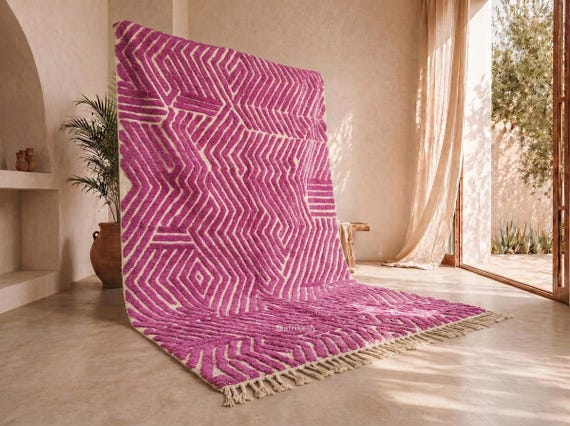 Custom Fuchsia Moroccan Rug – Handmade Wool Stripped High Pile Area Rug
