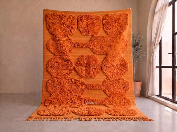 Custom Moroccan Wool Rug - Orange Tufted Beni Ourain Rug - Handmade Shaggy Hexagon Pattern Berber Area Rug for Living Room | Afrikesh