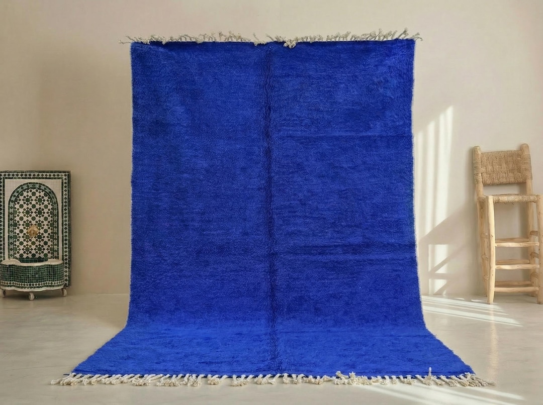 Solid Shaggy Berber Rug - Blue Beni Ourain Rug - Handmade Moroccan