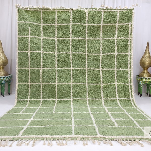 HANDMADE CUSTOM RUG, Beniourain Carpet, Moroccan Rug, Green and White Rug, Berber Rug, Grid Rug, Wool Rug, Handwoven Rug, Area Rug.