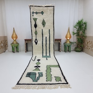 AMAZING BENOURAIN RUG, Moroccan Rug, Handwoven Runner , Off White and green Rug, Unique Custom  Rug, Wool Rug, Berber Rug, Abstract Rug ,