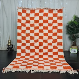 Authentic Moroccan rug , Handmade Rug, Beni Ourain Rug, White & Bright Orange Rug, Checkered Rug,Berber Rug, Tapis Marocain, Teppish Marokko