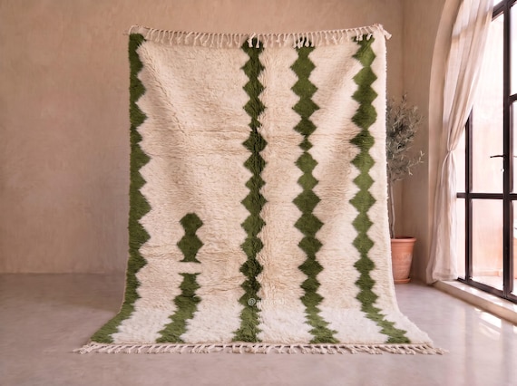 Earthy Olive Green Beni Ourain Rug - Handmade Moroccan Wool Rug - Diamond Ivory Shag Berber Area Rug for Living Room | Afrikesh
