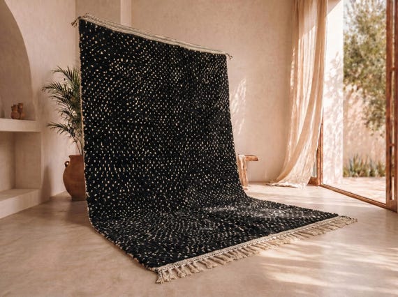 Hand-Knotted Beni Ourain Wool Rug – Black Ivory Dot High Pile Living Room Carpet