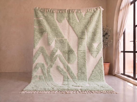 Plush Sage Green Beni Ourain Rug - Handmade Moroccan Wool Rug - Organic Pattern Ivory Berber Area Rug for Living Room | Afrikesh