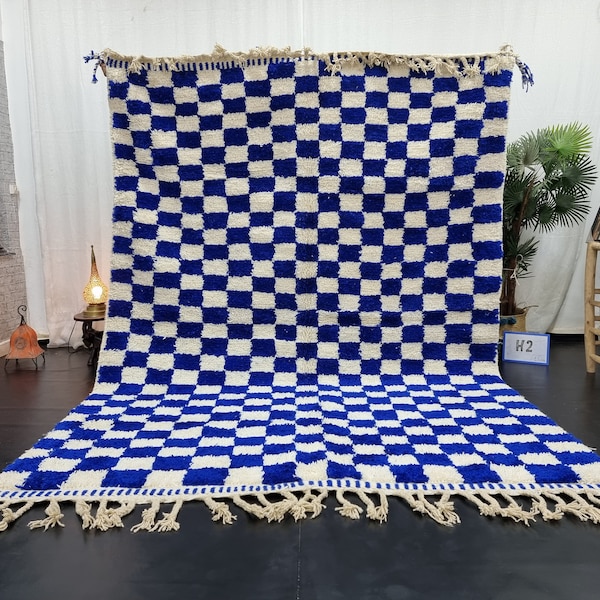 PRETTY BENIOURAIN RUG, Moroccan Rug, Sheep Wool Rug, Checkered Rug, Handwoven Rug, Sheep Wool Rug, Royal Blue Rug, Area Wool Rug, Winter Rug