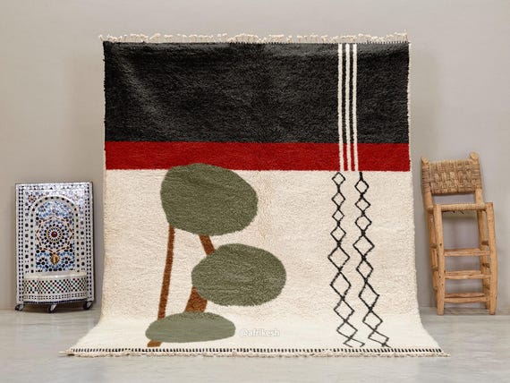 LUXURY HANDMADE RUG, Black & White Moroccan Rug, Berber Beni Ourain Rug, Abstract Tree Wool Carpet, Personalized Artisan-Crafted Area Rug.