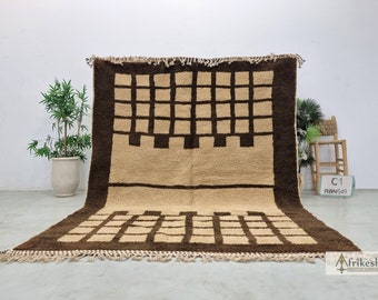 BENI OURAIN RUG, Grid Pattern Moroccan Rug, Custom Shag Rug, Brown & Beige Wool Rug, Hand-Knotted Berber Carpet, One of a Kind Area Rug.