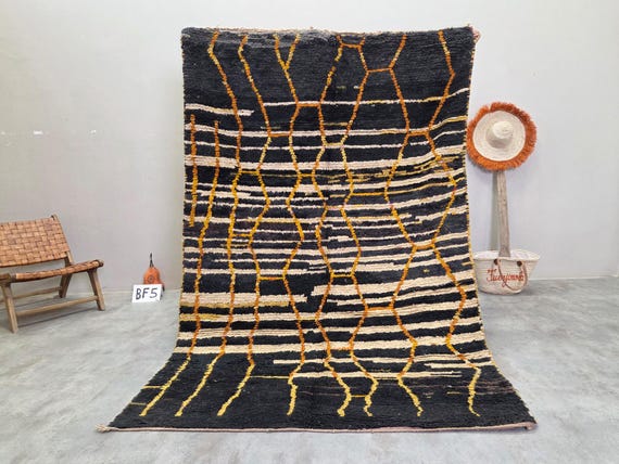 Charcoal Black and Mustard Boujaad Rug - Handmade Moroccan Wool Rug 5x8ft- Vintage Berber Area Rug for Living Room | Afrikesh
