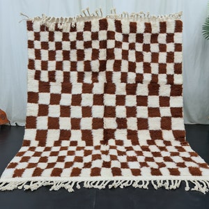 BENI OURAIN RUG, Decorative Moroccan Rug, Handmade Berber Carpet, Brown & White  Shag Rug, Checkerboard Area Rug, Custom Made Wool Rug.