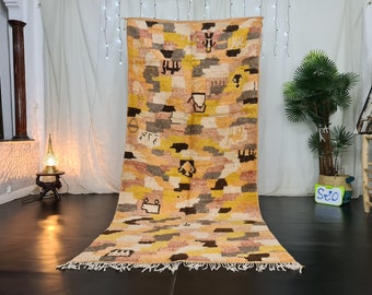 Tribal Berber Symbols Rug, Vintage Moroccan Rug,  Authentic Handmade Bohemian Area Rug, Abstract Peach & Yellow Carpet, Tapis Marocain.