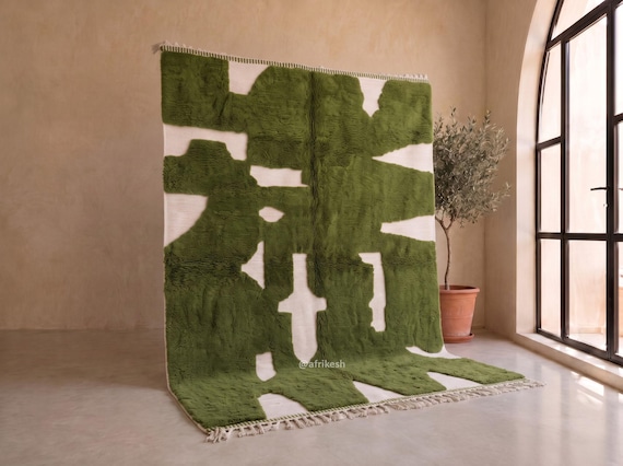 Olive Green Abstract Beni Ourain Rug - Handmade Moroccan Wool Rug - Tufted Plush High Pile Berber Area Rug for Living Room | Afrikesh