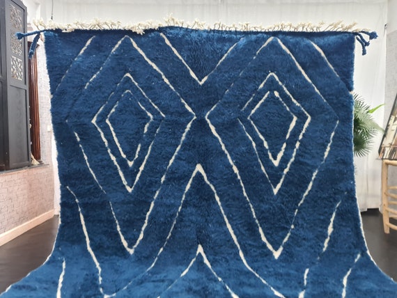モロッコ絨毯Beni Ourain rug BENI OURAIN RUG, Geometric Moroccan Rug, Blue & White Wool Rug