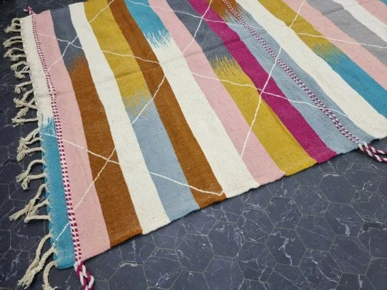 TAPPETO KILIM UNICO, tappeto a tessitura piatta, tappeto tessuto Kilim, tappeto colorato, tappeto geometrico personalizzato, tappeto ad area, tappeto marocchino, tappeto in lana intrecciata a mano, tappeto Funky immagine 7