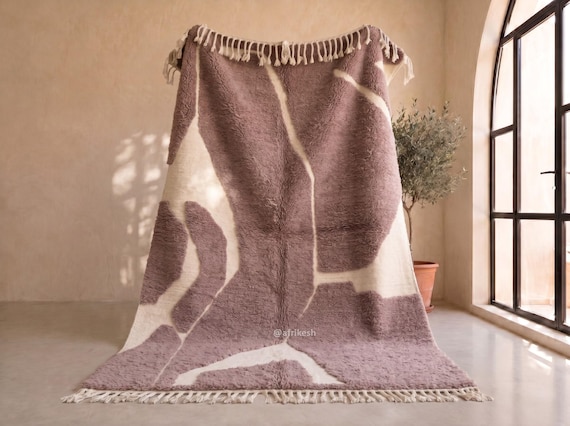Handmade Moroccan Wool Rug - Chestnut Brown and Ivory Beni Ourain Rug - Abstract Free-Form Berber Area Rug for Living Room | Afrikesh