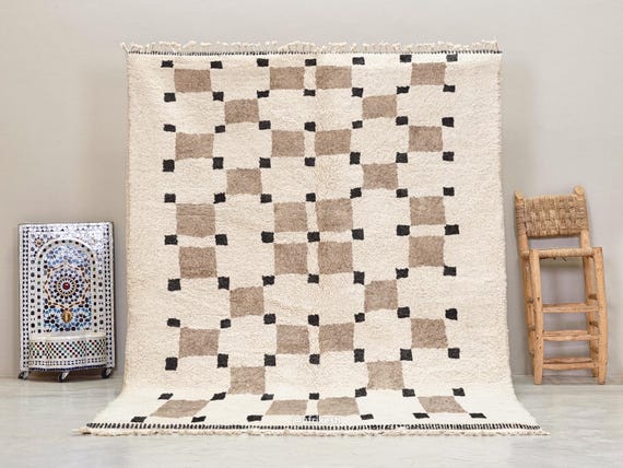BEIGE & WHITE RUG, Geometric Moroccan Rug, Crafted Berber Carpet, Custom Beni Ourain Wool Rug, Soft Neutral Tones for Scandinavian Interiors