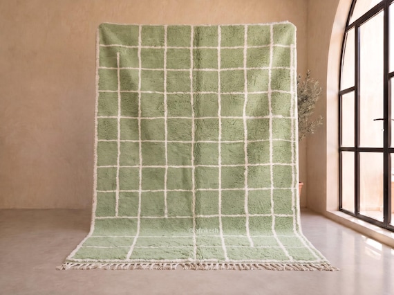 GRID MOROCCAN RUG, Beni Ourain Custom Rug, Handmade Wool Rug, Sage Green Berber Carpet, Handcrafted Area Rug, Shag Rug For Dining Room.