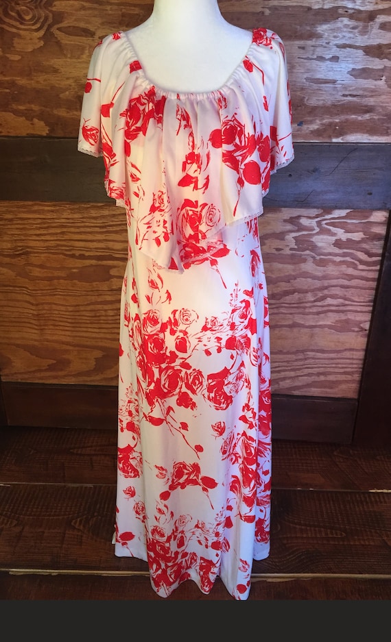 70's Handmade Cape Collar Red and White Long Dress