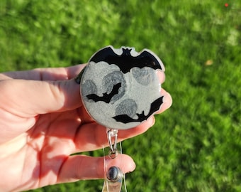 Spooky Moon - GLOW In The Dark Halloween Badge Reel - Nurse Badge Reel - Hospital Nurse ID Holder - Acrylic Resin Badge Reel - Bats and Moon