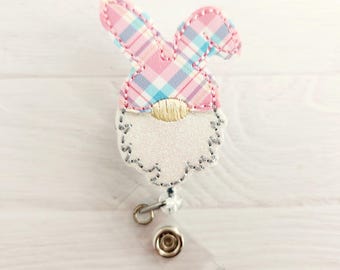 Plaid Bunny Gnome - Glitter Feltie -  Easter Nurse Badge Reel - INTERCHANGEABLE - Retractable ID - Pediatric Tech Teacher Student Nurse Xray