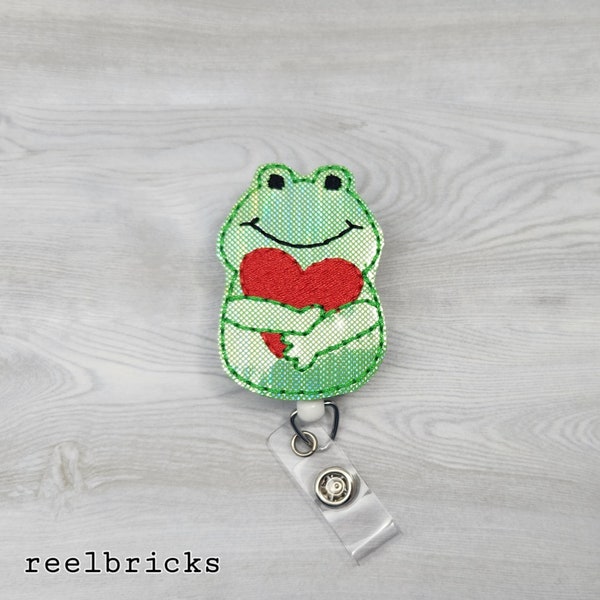 Love Frog Feltie - Nurse Badge Reel - Valentine's Day Frog - INTERCHANGEABLE Happy Animal Retractable ID Pediatric Medical Tech Badge Clip