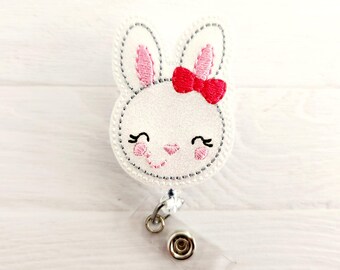 Easter Bunny w Bow Feltie  - Nurse Badge Reel - Xray Badge Clip - INTERCHANGEABLE - Retractable ID Holder - Pediatric - Teacher Lanyard Gift