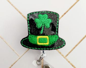 Top Hat St. Patrick's Day Glitter Feltie - Nurse Badge Reel - INTERCHANGEABLE Teacher Badge Clip - Doctor - Retractable ID Holder - Rad Tech